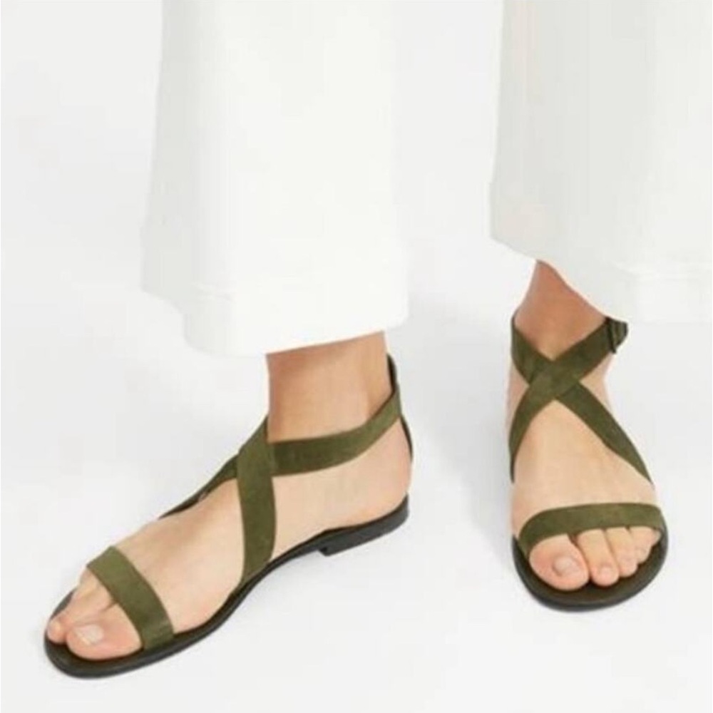 Everlane‎ The Modern Wrap Italian Leather Suede Buckle Sandal Dark Olive Green 8